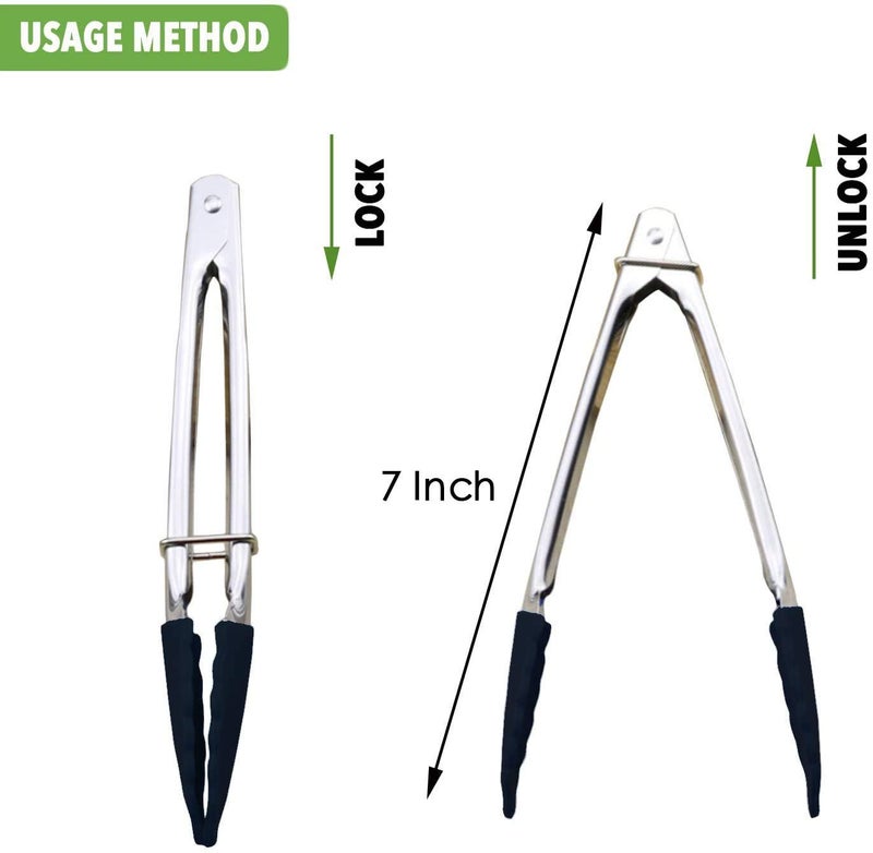 HINMAY Mini Tongs with Silicone Tips 7-Inch Kitchen Tongs, Set of 3 (Black) - Image 4